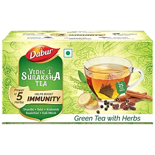Dabur Vedic Suraksha Green Tea - Immunity Booster, Goodness Of 5 Ayurvedic Herbs, 37.5 g (25 Bags x 1.5 g each)